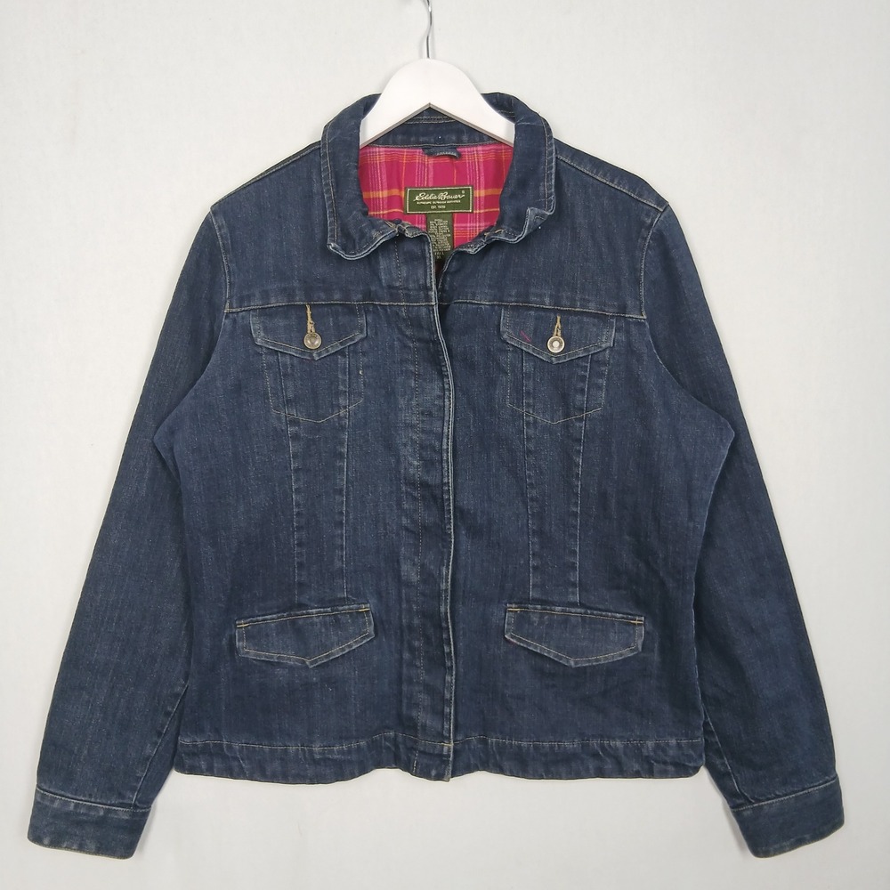 Eddie Bauer Denim Jacket Tall XL Dark Wash Plaid Flannel Lined Trucker Jacket